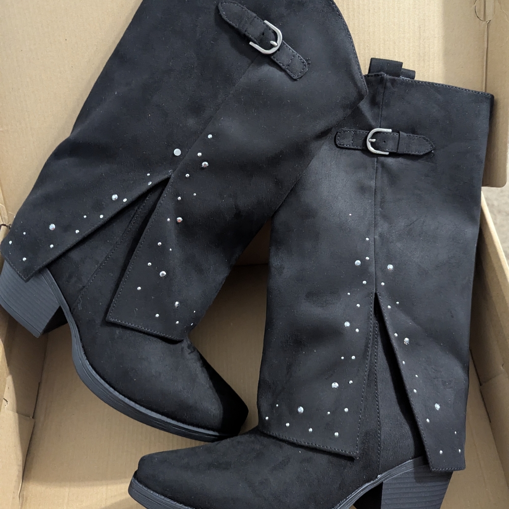 Sugar Black Heeled Boots with Stud Accents - Picture 2 of 8